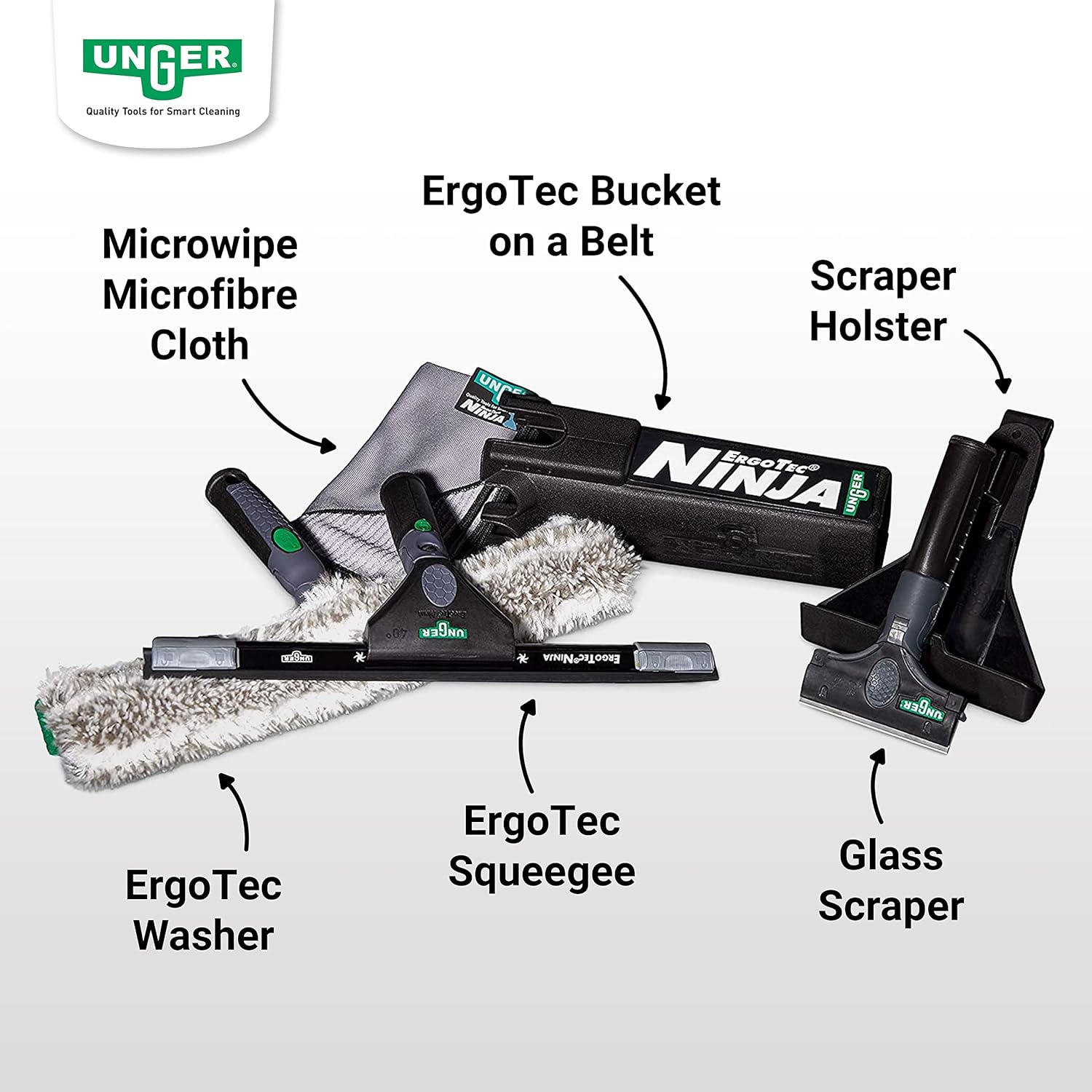 UNGER ErgoTec Ninja Fensterreinigungs-Komplett-Set 6in1 (Einwascher 35 cm, Fensterwischer 35 cm, Mikrofasertuch, Glasschaber, Holster, Bucket on a Belt, Fensterreinigung/Glasreinigung) AKN14