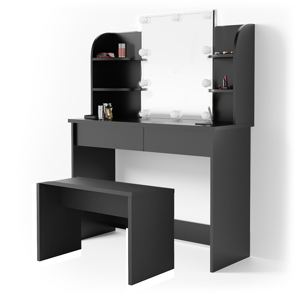 Vicco Schminktisch Charlotte Frisiertisch Kommode Frisierkommode Spiegel Schwarz inklusive Bank und LED-Lichterkette