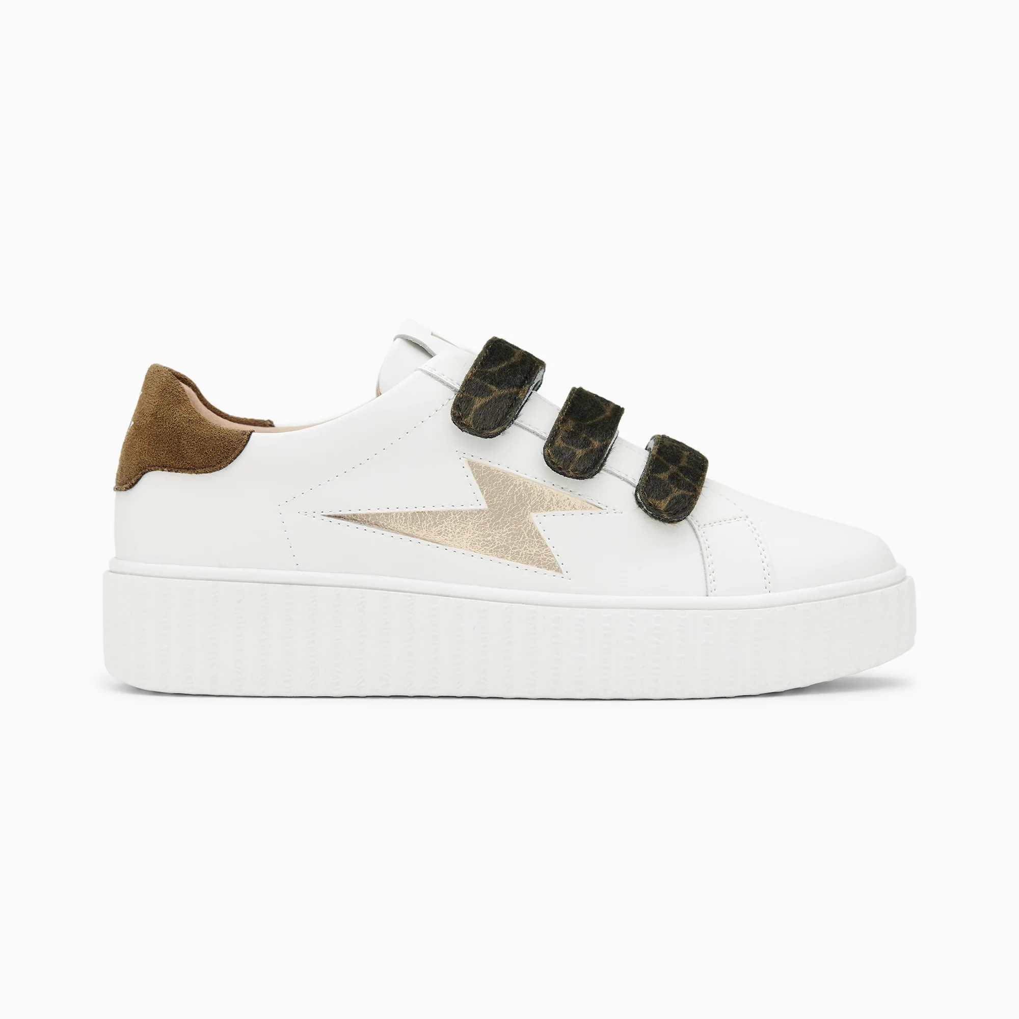 Sneakers-Baskets éclair Thaïs blanc et or à scratchs kaki