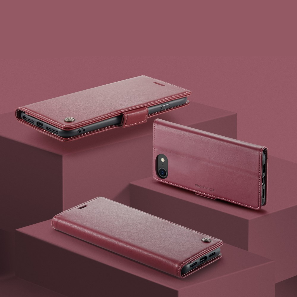 iPhone SE (2022/2020) / 8 / 7 / 6S Leder Tasche Flip Wallet Etui mit Kartenfächern Litchi Look (RFID Schutz) - Rot
