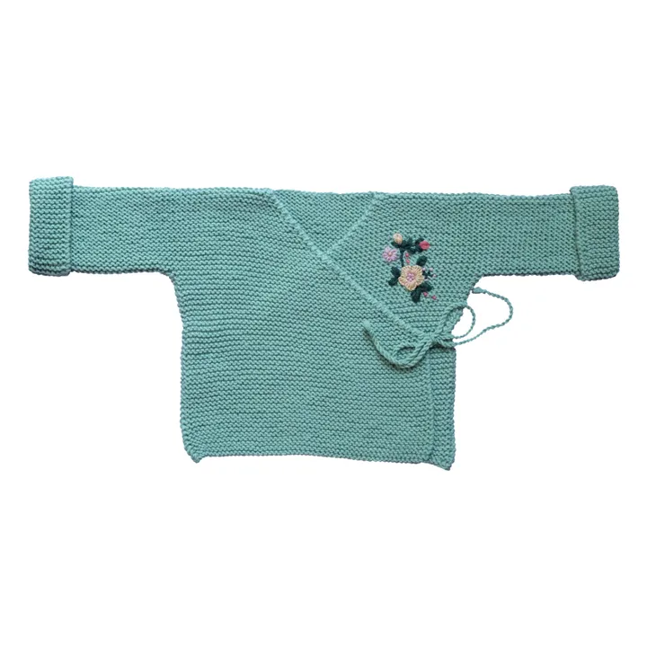 RKO Cardigan Cache-Cœur Mérinos Brodé Main | Vert pistache