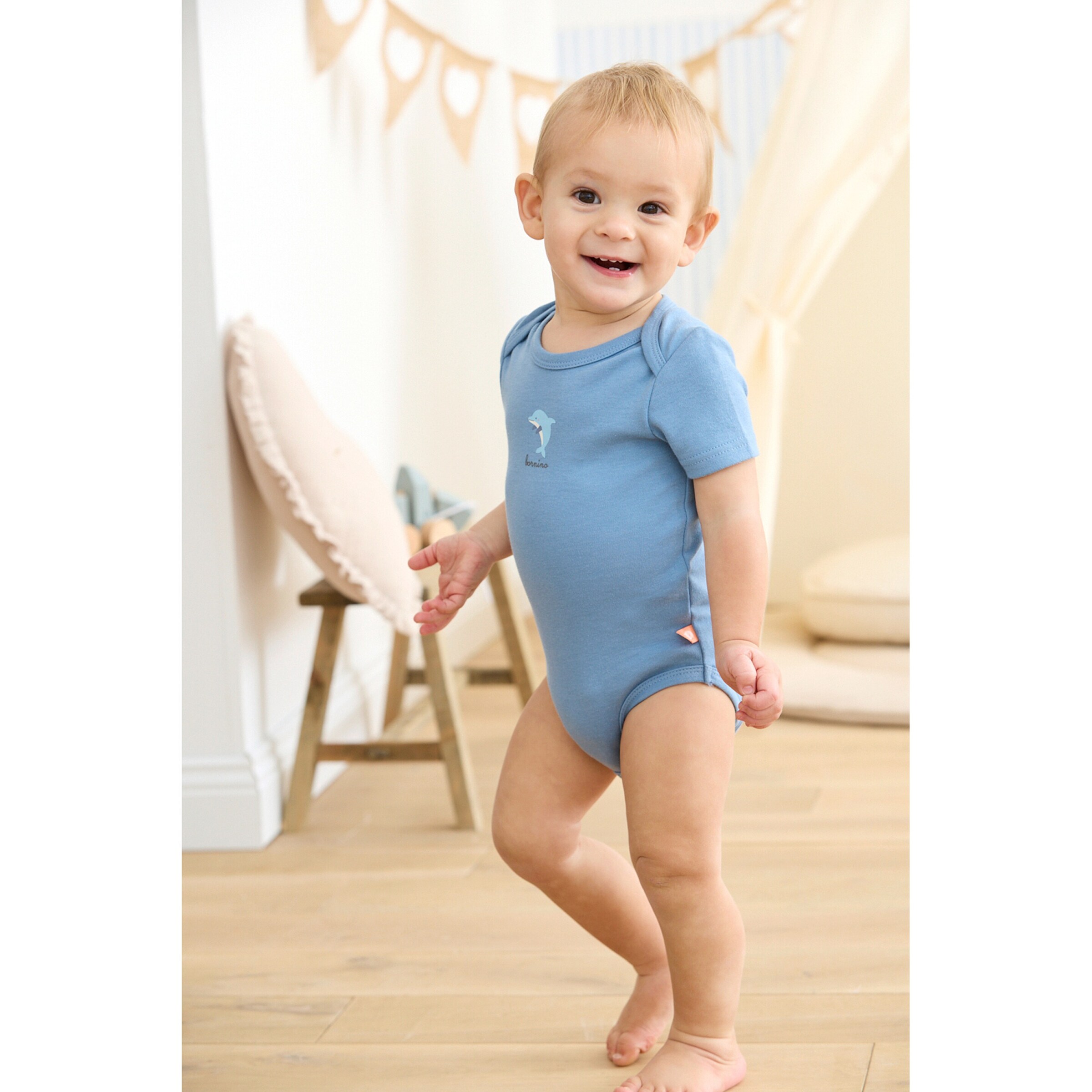 Bornino - Summer Beach 3er-Pack Bodys kurzarm Strand Ringel blau/natur