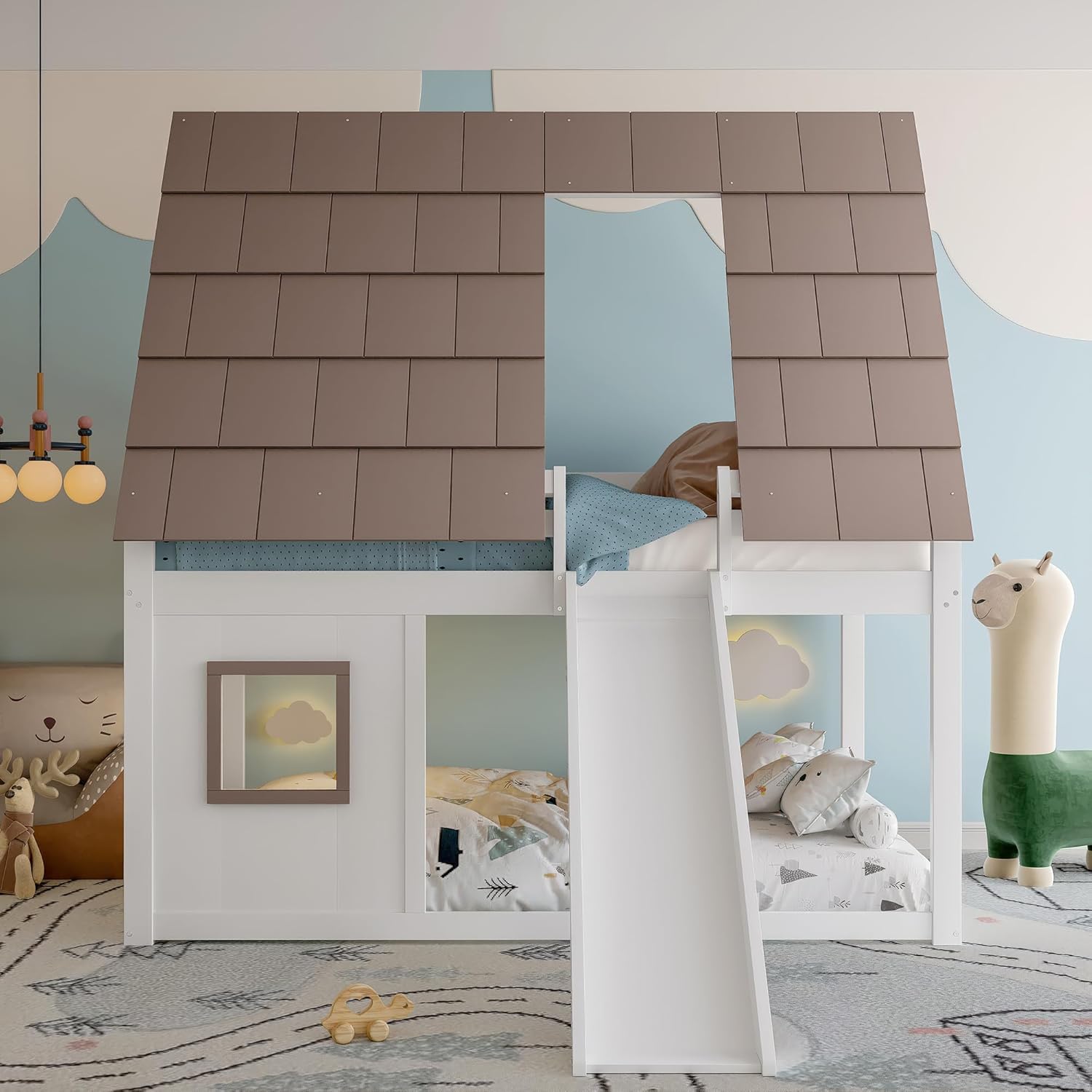 Kinderbett 140x200 cm, Etagenbett mit Dach, Leiter und Rutsche, Hausbett mit Rausfallschutz, Lattenrost aus Holz, MDF+Kiefer, Weiß+Braun, Ohne Matratze