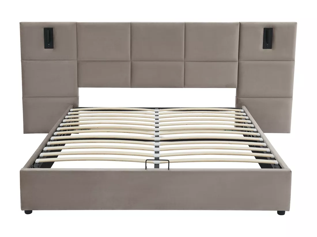 Lit coffre 180 x 200 cm avec tête de lit et lampe intégrée - Velours - Taupe + Matelas - SARETO