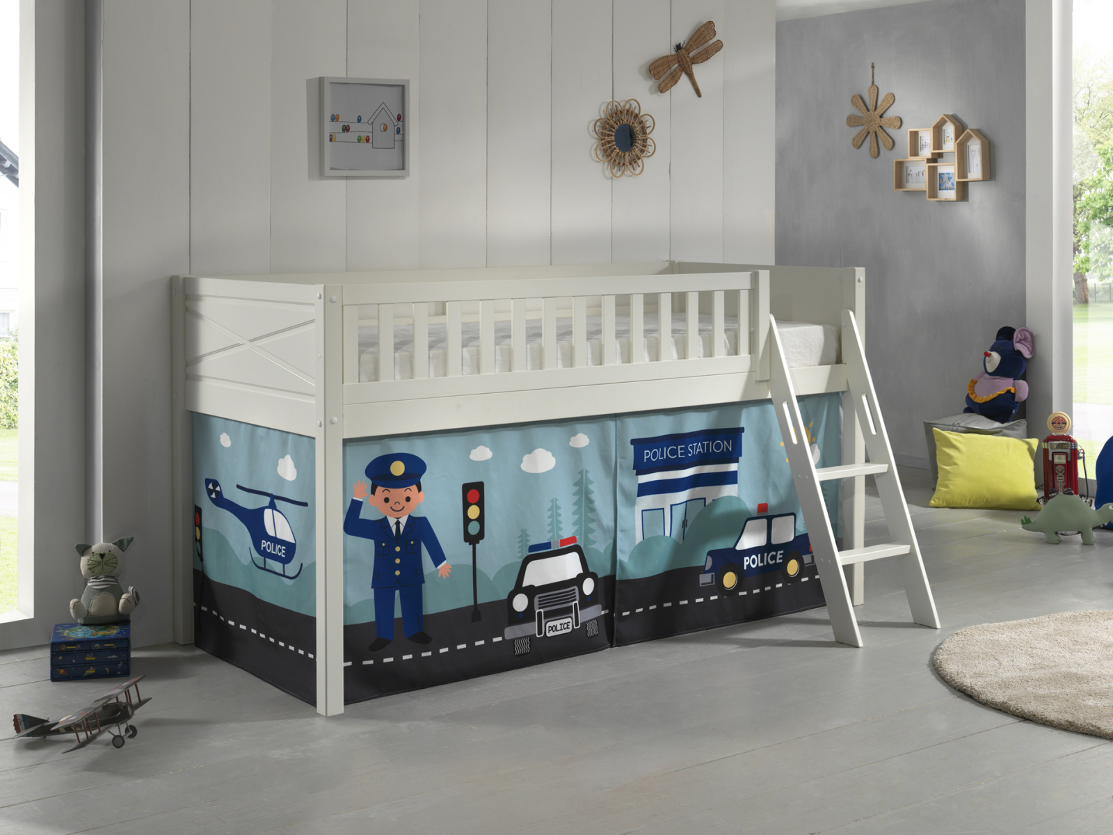 Spielbett SCOTT - weiß - Police - mit Vorhang und Leiter - 90x200 cm