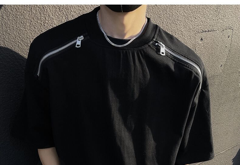 Omozando - T-shirt met korte mouwen, ronde hals, verlaagde schouders, effen ritsdetail en oversized model