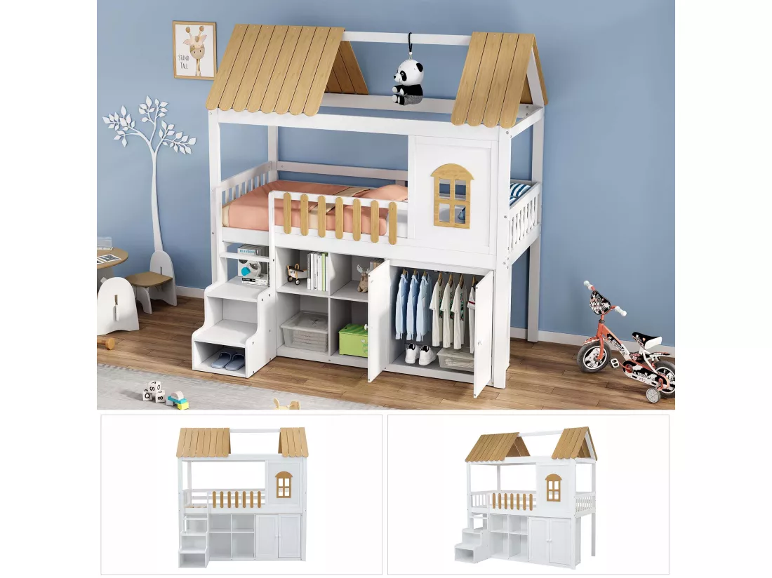 Lit mezzanine 90 x 200 cm avec armoire, 2 portes et toit - pin + MDF - blanc + naturel (sans matelas)