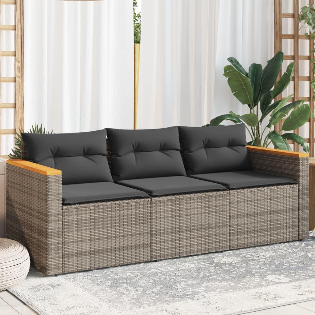 vidaXL Gartensofa 3-Sitzer, Loungesofa Sofa mit mit Kissen, Sitzgruppe Stahlrahmen, Gartenmöbel Lounge Rattanmöbel, Grau Poly Rattan