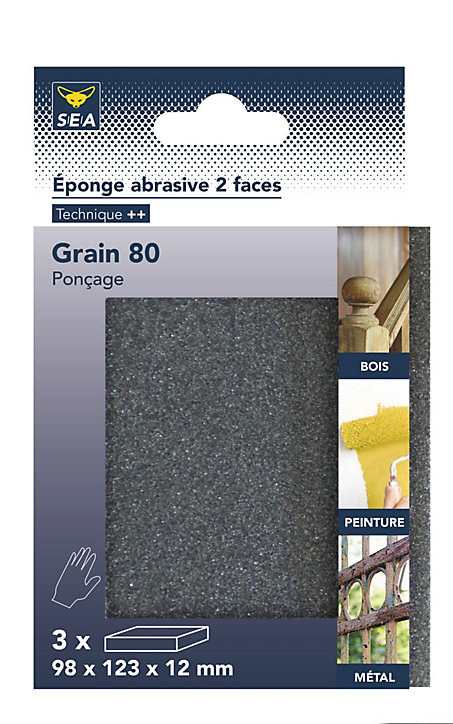 Eponge abrasive 2 faces 98 x 123 x 12 mm grain 80 lessivable, lot de 3