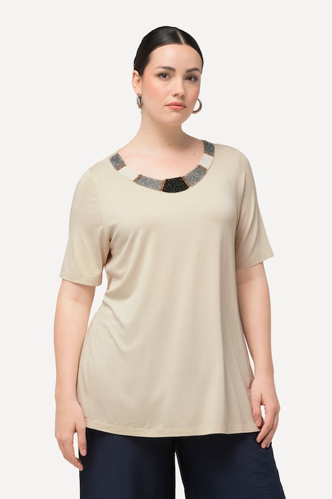 T-Shirt, Perlenstickerei, A-Linie, Rundhals, Halbarm