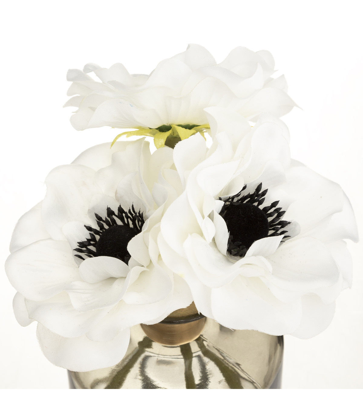 Bouquet d'anémones artificielles vase en verre coloré d. 9,5 x h. 20 cm