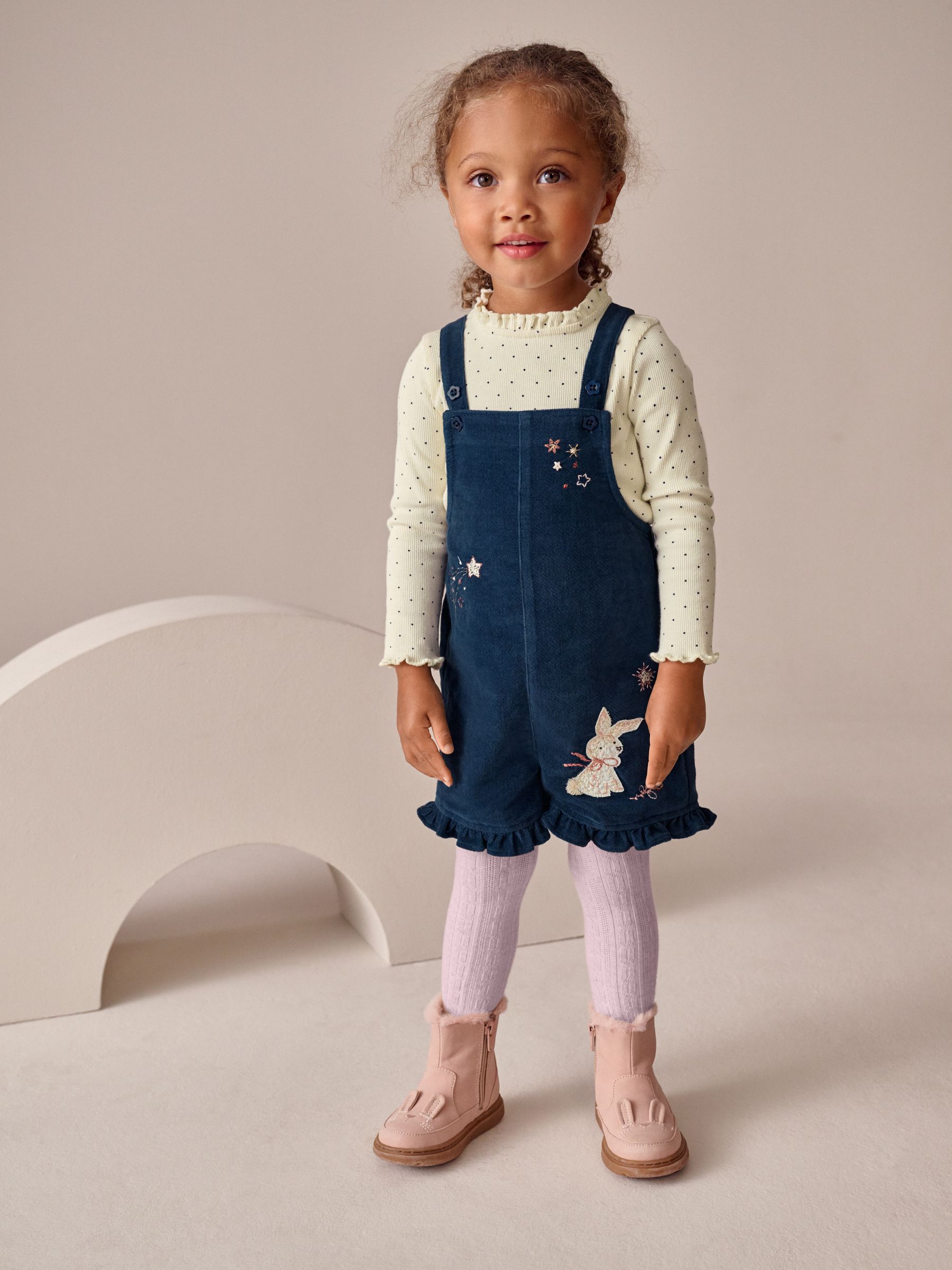 Marineblauw - Bunny Corduroy Dungarees Top and Tights Set (3mths-7yrs)
