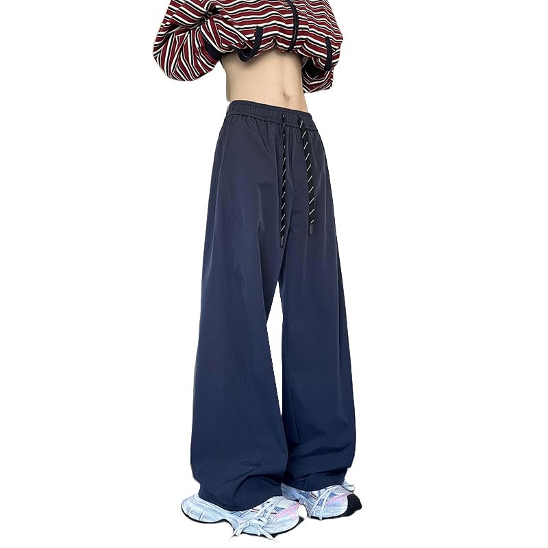Obikan - Effen broek met wijde pijpen en trekkoord in de taille