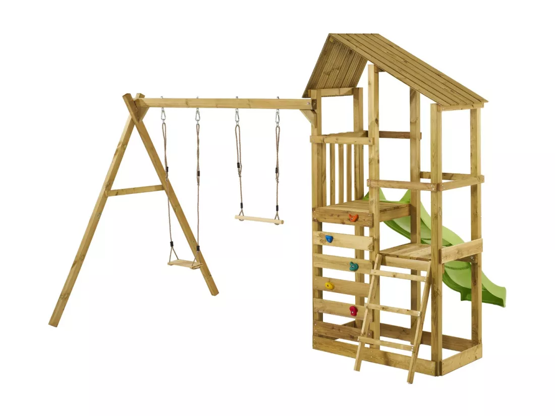 KANGUI Tour de jeux en bois WOUPI avec balançoire, trapère, mur d'escalade et cabane