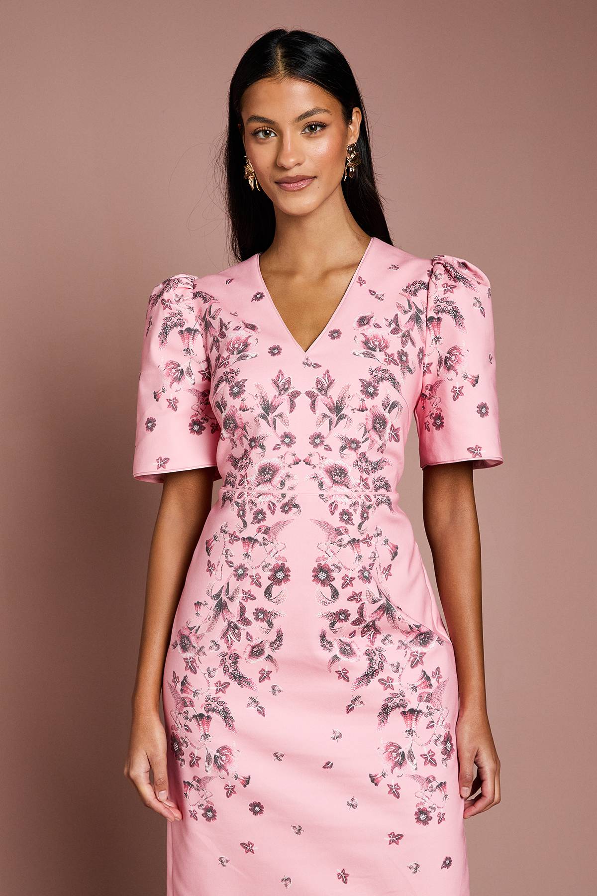 Coast Robe Mi-Longue en Coton à Manches Bouffantes et Imprimé Placement Petite Taille