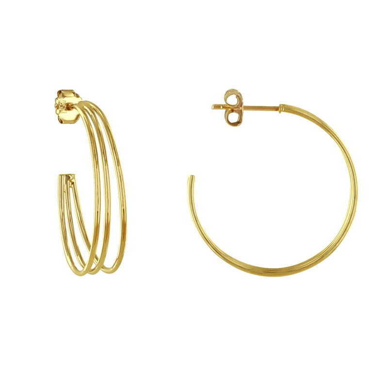 Boucles d'Oreilles Plaqué Or Demi Créoles Trois Rangs