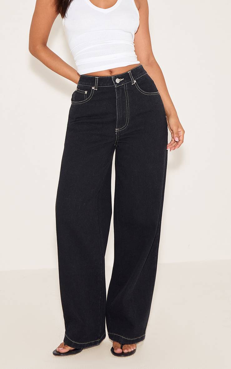 Noir Délavé Jean Droit En Denim À Coutures Contrastées Petite