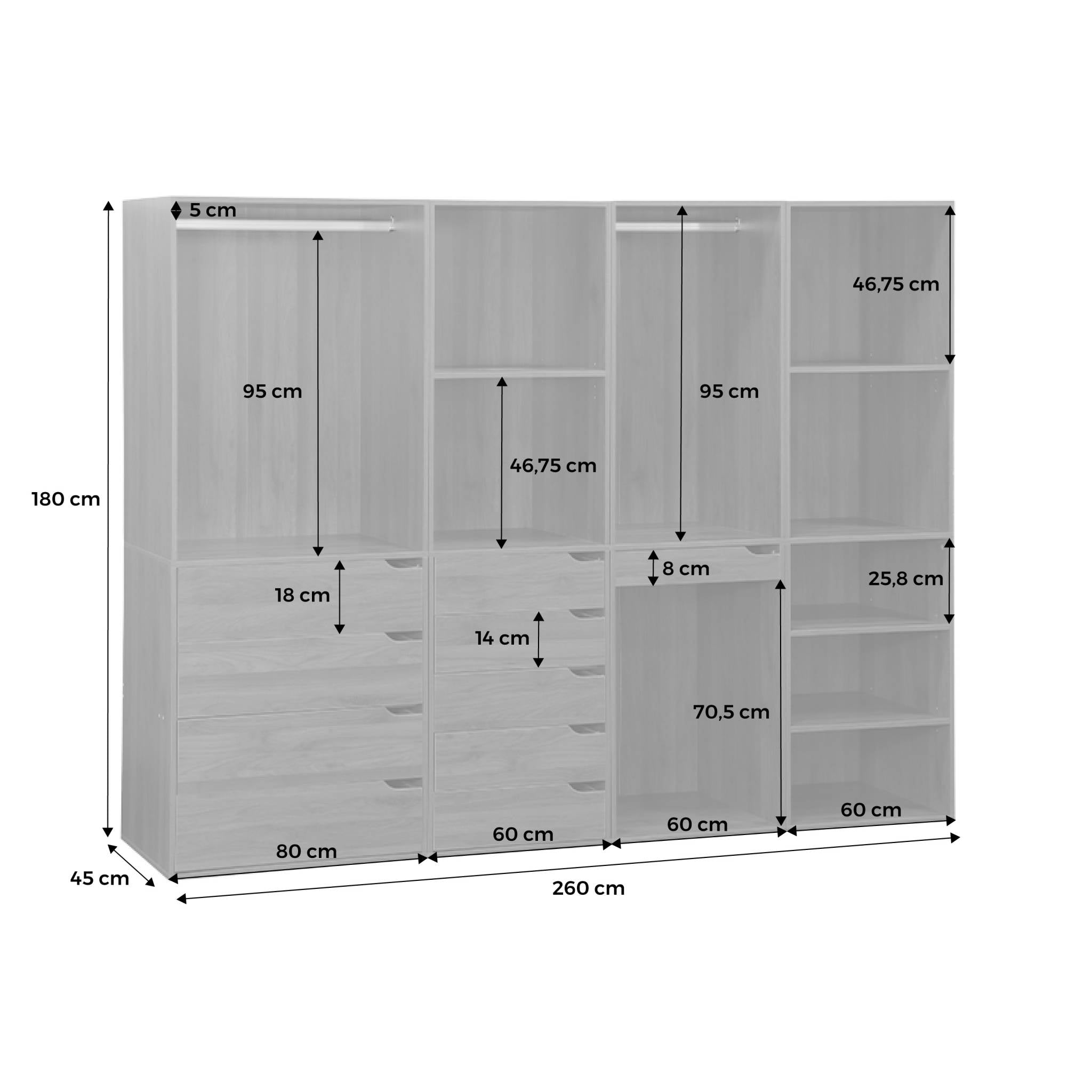 sweeek - Modulaire kastenset, 260x45x180cm