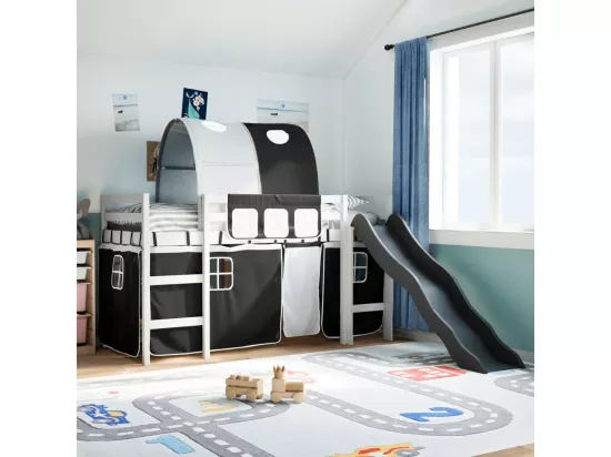 Lit mezzanine enfants et tunnel blanc/noir 90x200 cm pin massif