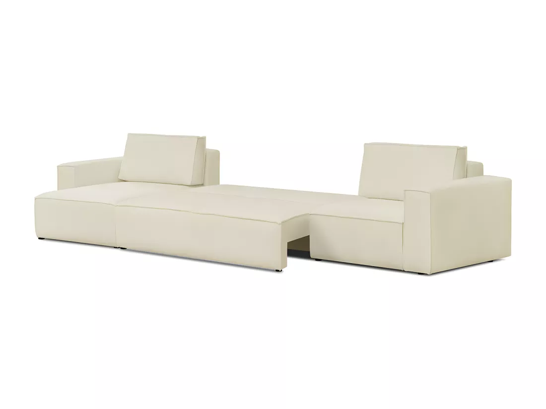 Canapé d'angle modulable réversible convertible 7 places avec coffre de rangement en tissu bouclé écru - Harper Mod