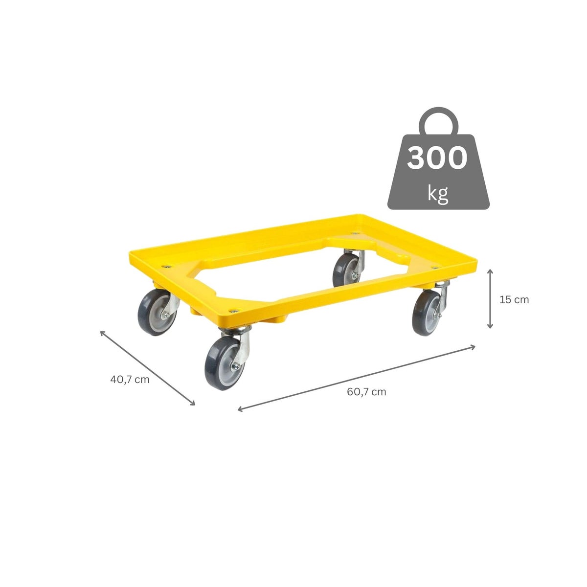 PROREGAL Transportwagen voor Euroboxen 60 x 40 cm met rubberen wielen, geel, open dek, 2 zwenkwielen en 2 remwielen, draagvermogen 300 kg