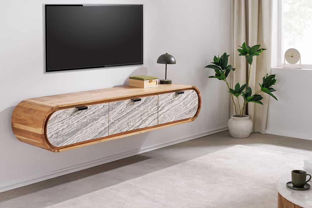Hängendes TV-Board ORGANIC 160cm natur Akazie schwarz weiß Steinfurnier Schubladen