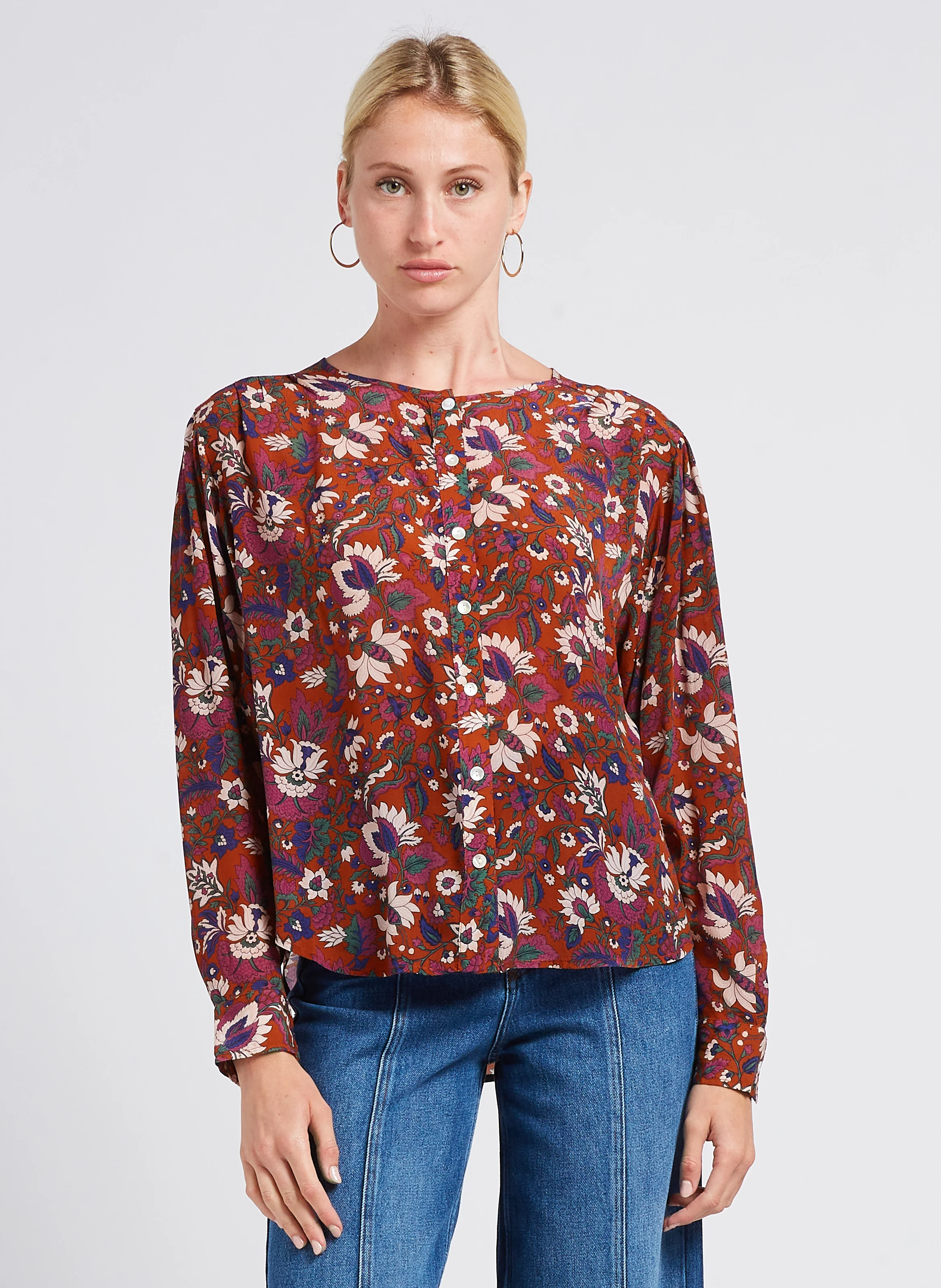 BERNA - Blouse fluide col rond à imprimé | Orange