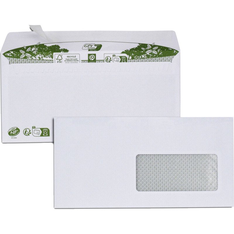 Enveloppe recyclée 110 x 220 mm ERA PURE GPV 80 g avec fenêtre 45 x 100 blanche - Boîte de 200