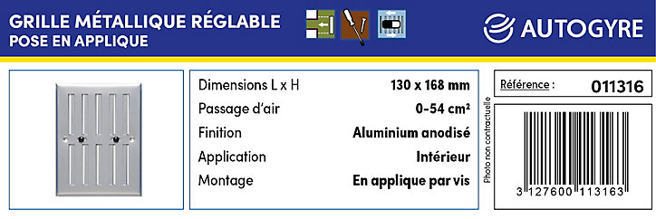 Grille d'aération alu Autogyre à persiennes sans moustiquaire réglable 168 x 130 mm