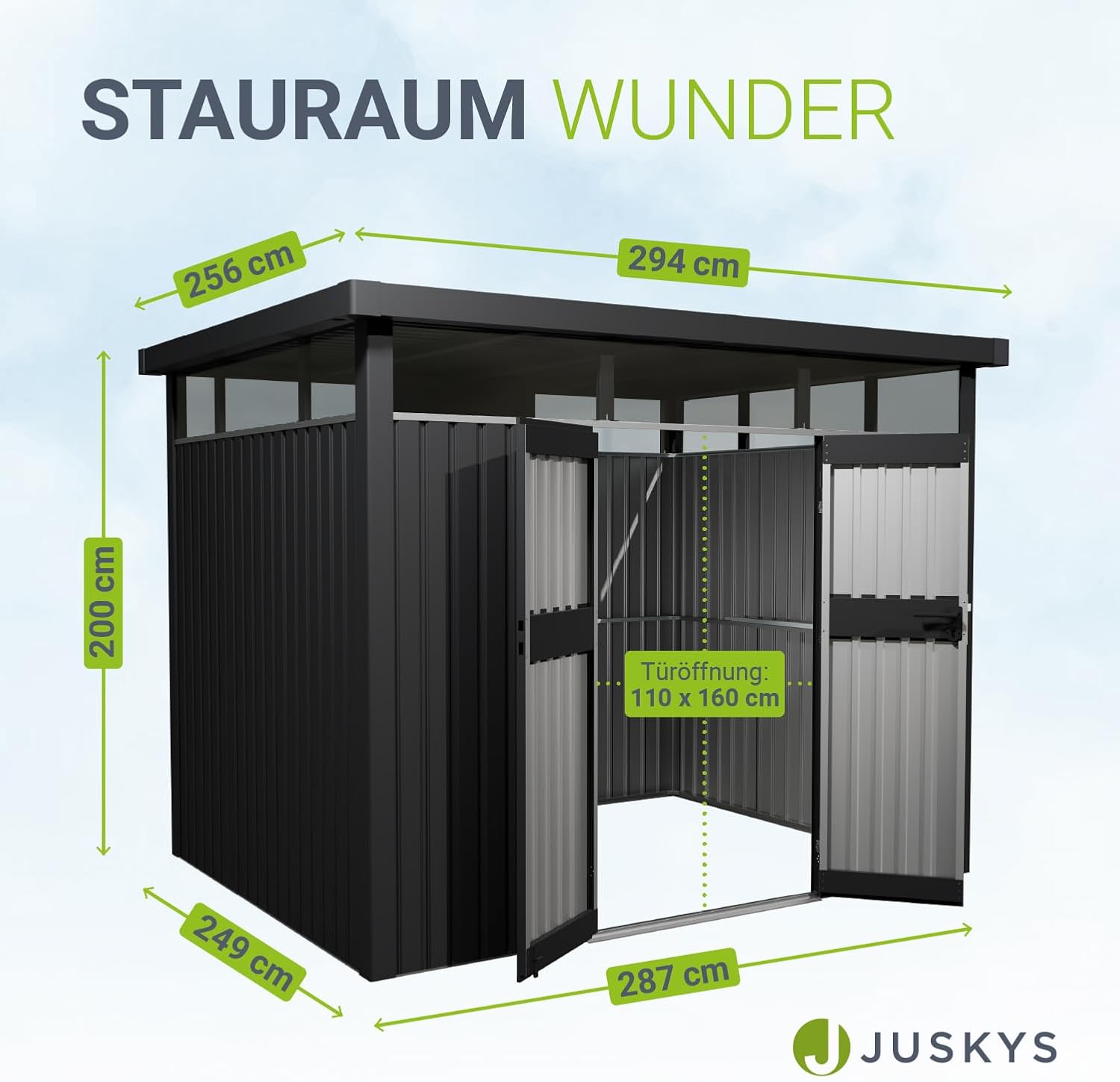 Juskys Gerätehaus Luzern L - 7,8 m² - Metall Geräteschuppen mit Türen & Fenstern - wetterfest & abschließbar - Fahrradgarage, Gartenhaus - Anthrazit