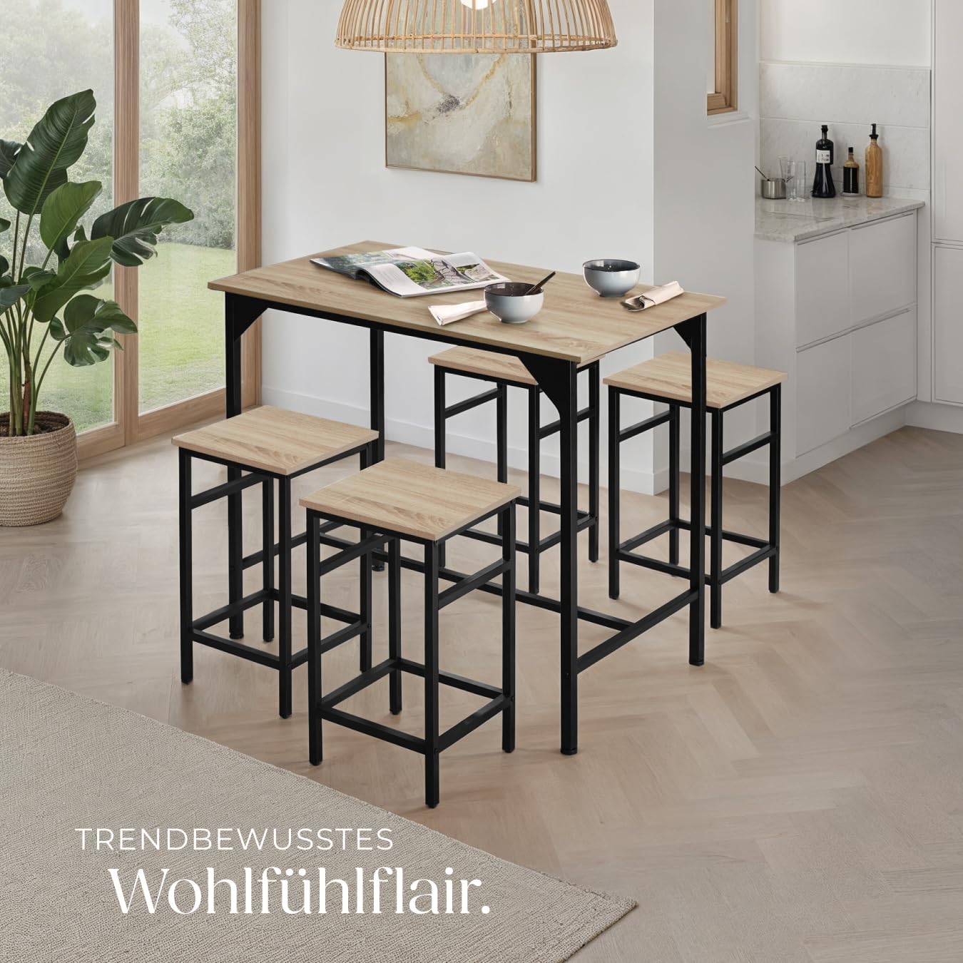 tectake® Bartisch-Set, Stehtisch mit 4 Barhockern, 5-teiliges Tischset, 100 x 60 x 88,5 cm, Industrie-Design, Tischplatte aus Holz, schwarzes Metallgestell (Industrial Holz hell, Eiche Sonoma)