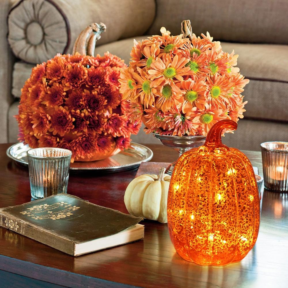 (14x19.5cm) LED Glas Kürbis Lampe Herbst Accessoire Thanksgiving Home Deko mit Beleuchtung