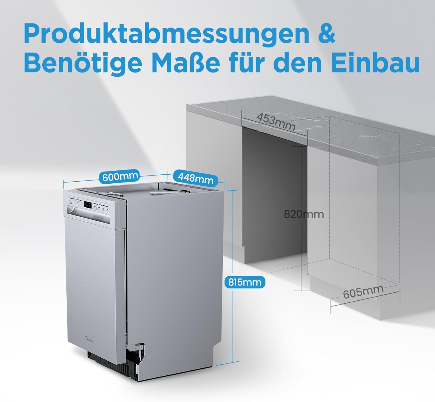 Midea MDWEU1036WSS Geschirrspüler 45cm Unterbau, 10 MGD, 44 dB, Spülmaschine 45 cm Teilintegrierbar, Home Connect, AutoOpen dry, Startverzögerung, 7 Programme, Hygienepflege+, Maschinenpflege+
