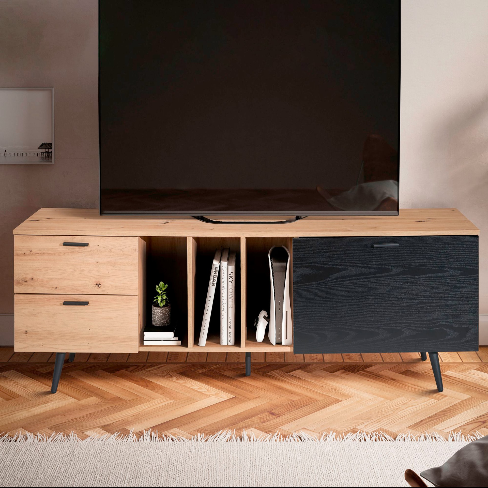 Lowboard 150 x 55 cm Eiche-Dekor/schwarz