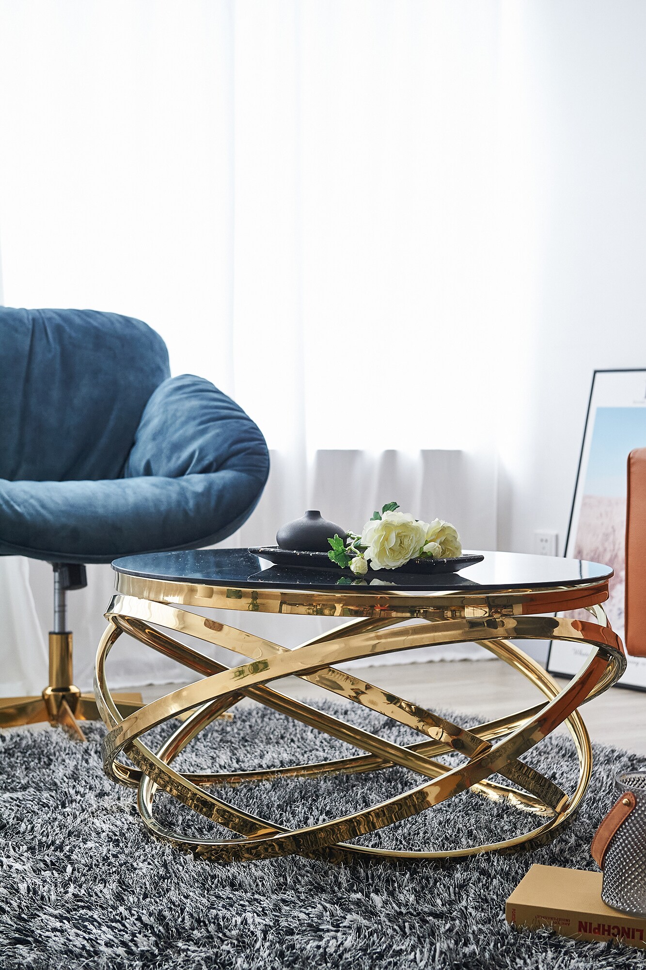 Couchtisch Ø 80 cm gold grau Glastisch Beistelltisch Sofatisch Wohnzimmertisch