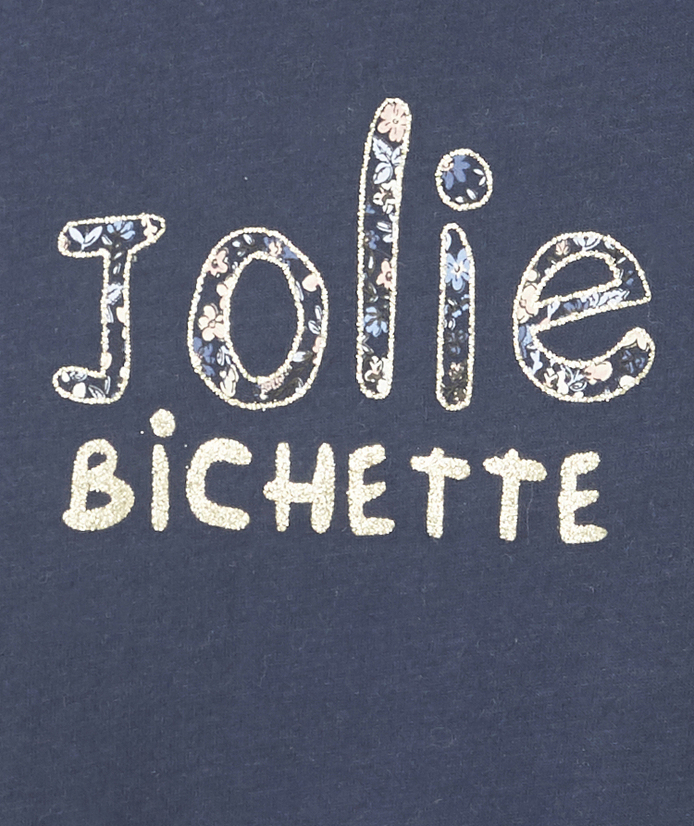 LE T-SHIRT MARINE EN COTON BIOLOGIQUE AVEC MESSAGE FLEURI ET PAILLETTÉ