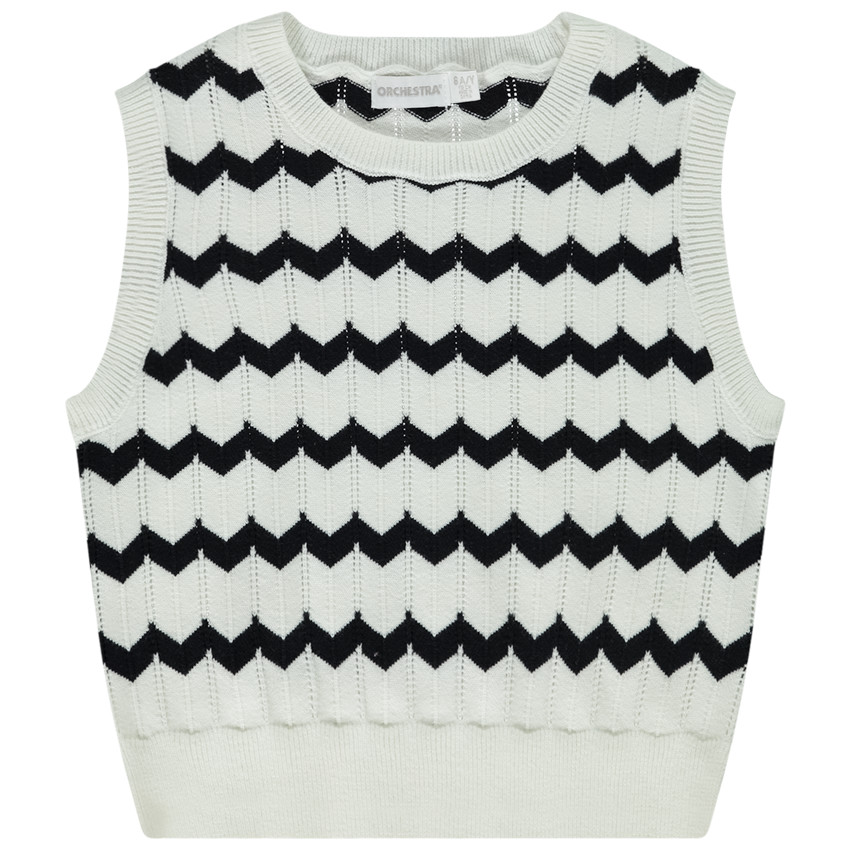 Pull sans manches en tricot ajouré motif zigzags pour fille
