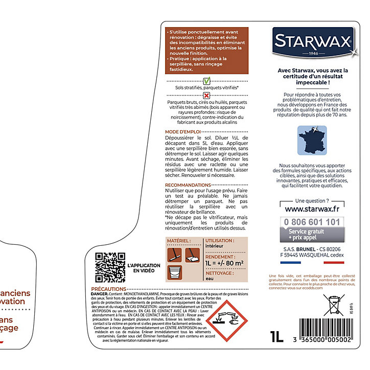 Décapant sans rinçage avant rénovation parquets et sol stratifiés Starwax 1L