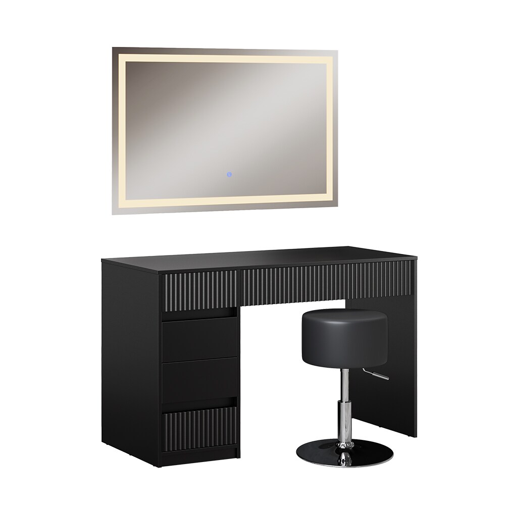 Vicco Schminktisch Omira Schwarz 120 cm mit LED-Spiegel und Hocker
