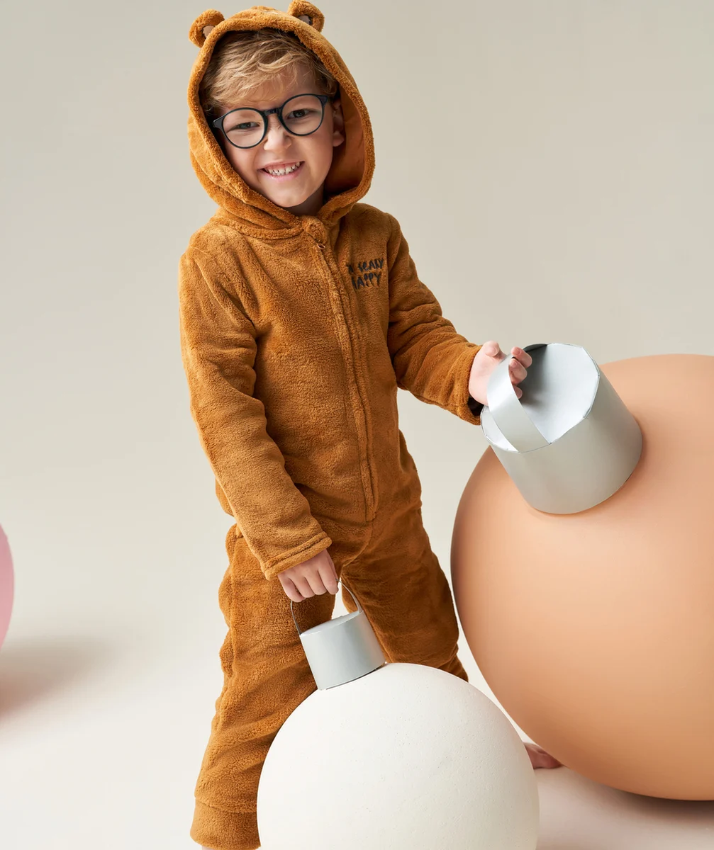 SURPYJAMA POLAIRE GARÇON EN FIBRES RECYCLÉES MARRON À CAPUCHE AVEC OREILLES