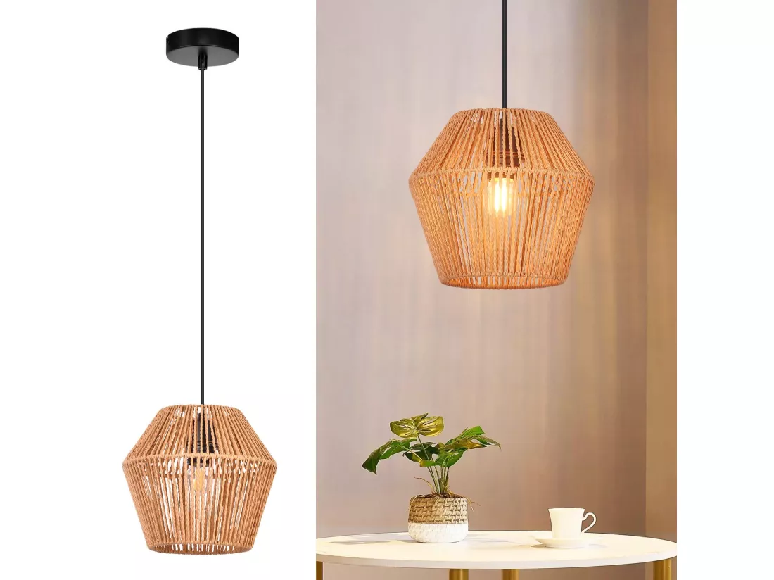 NETTLIFE Lampe à suspension vintage en rotin 150 cm E27 40W