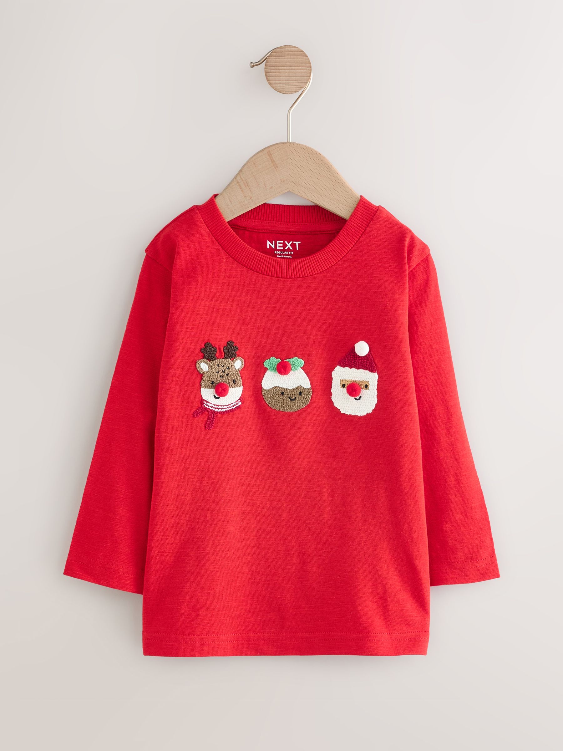 Rode trio-figuurapplicatie - Kerst-T-shirt met lange mouwen (3mnd -8jr)