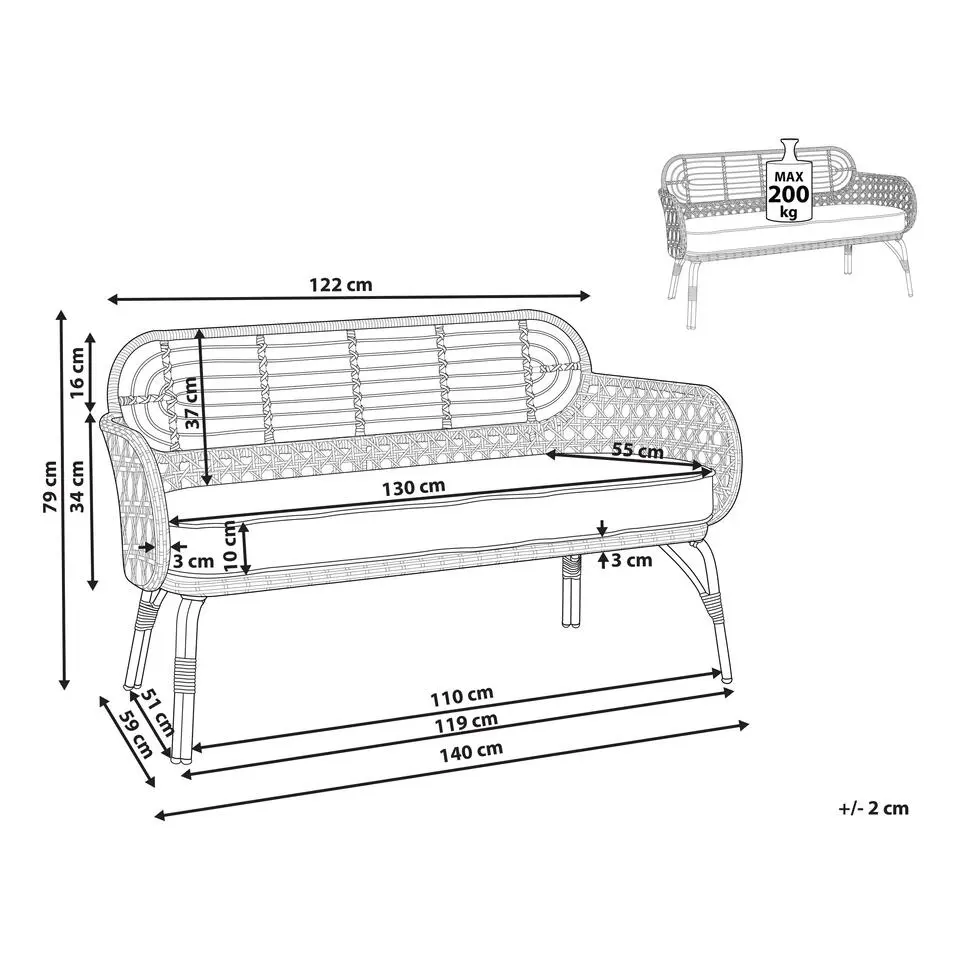 PRATELLO - Tweezitsbank - Natuurlijk - PE rotan