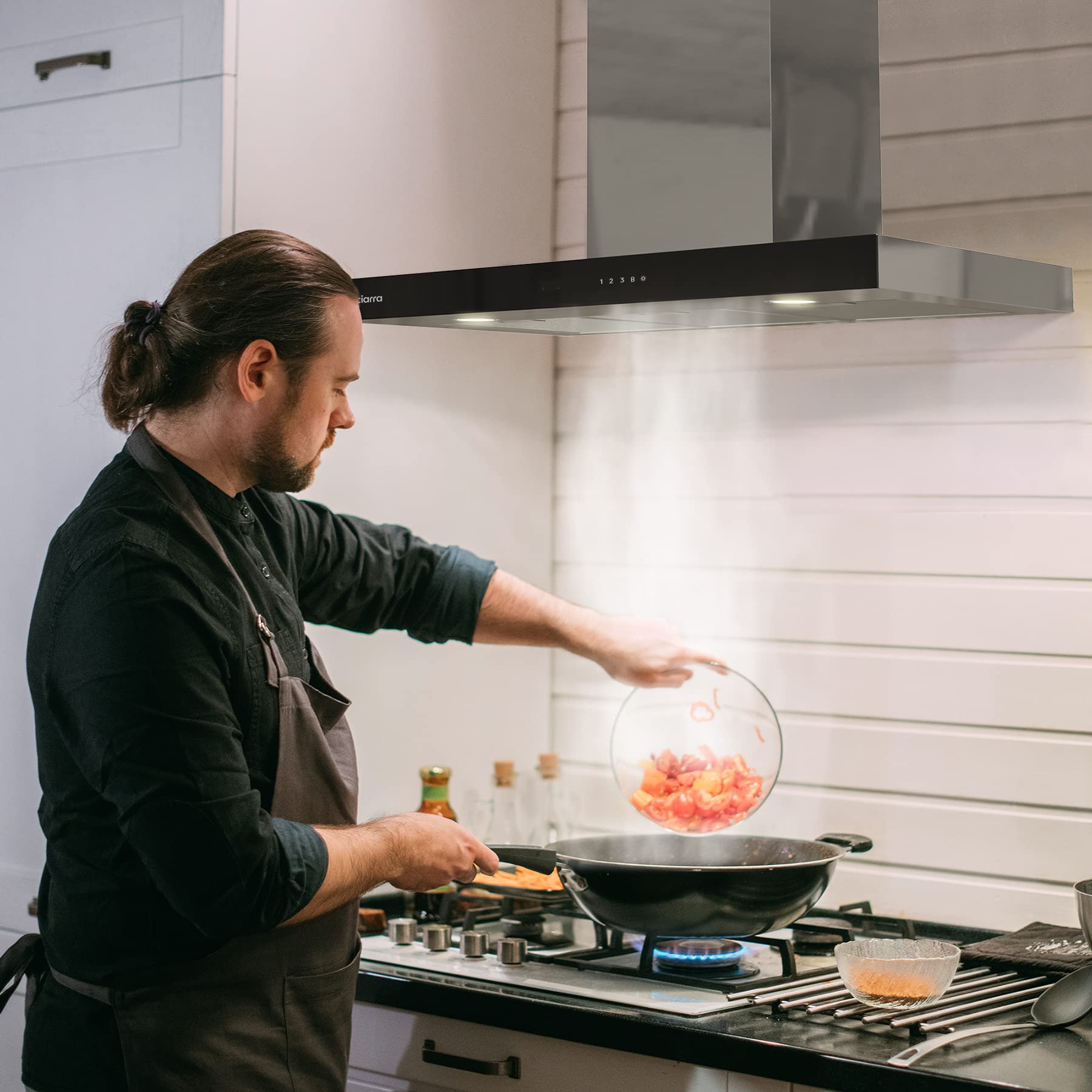 Ciarra Hotte Apisrante 90cm 650 m³/h - Class A+++ - 4 Vitesses - Fonction Boost - Hotte de Cuisine Silencieuse - Commande Tactile - Wi-Fi - LED Dimmab