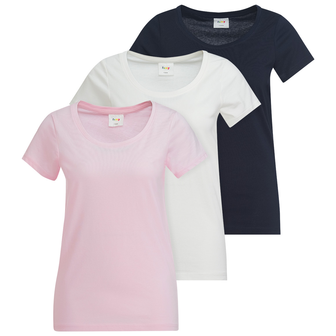 Famy 3 Damen T-Shirts im Basic-Look hellrosa / weiss / dunkelblau