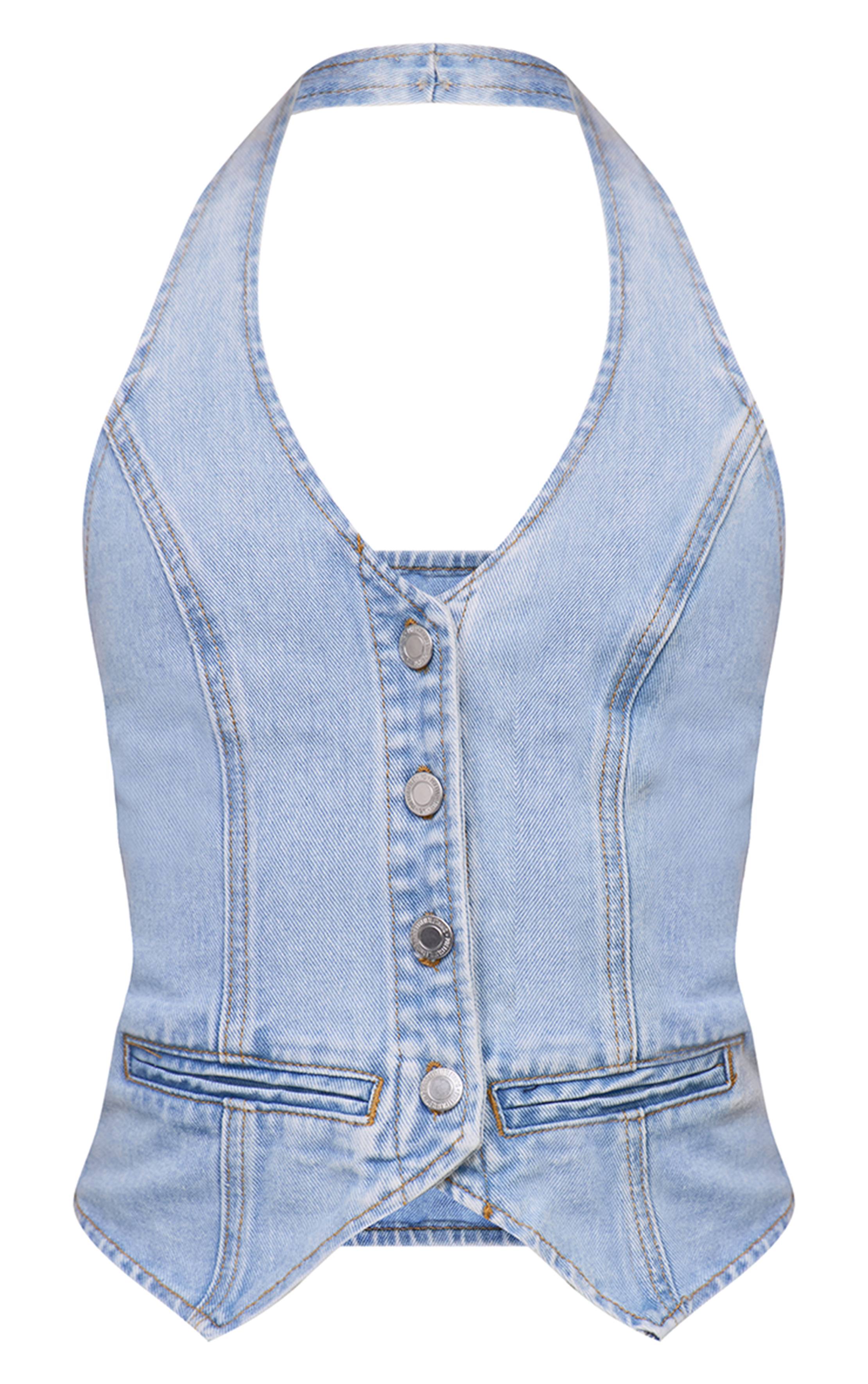 Bleu Clair Gilet En Jean À Encolure Américaine