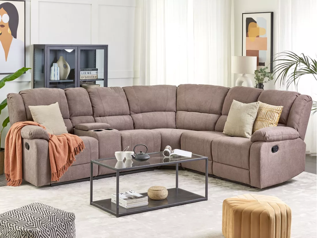 Canapé d'Angle de Relaxation Manuel à 5 Places en Tissu Beige Taupe Rokke