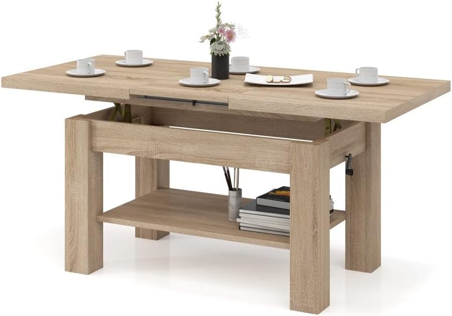 All4All Couchtisch Astra - Kaffeetisch - Wohnzimmertisch – Sofatisch mit Ablage - höhenverstellbar - kompakte Größe - Sofatisch - 110x68cm - 05 - Sonoma Eiche