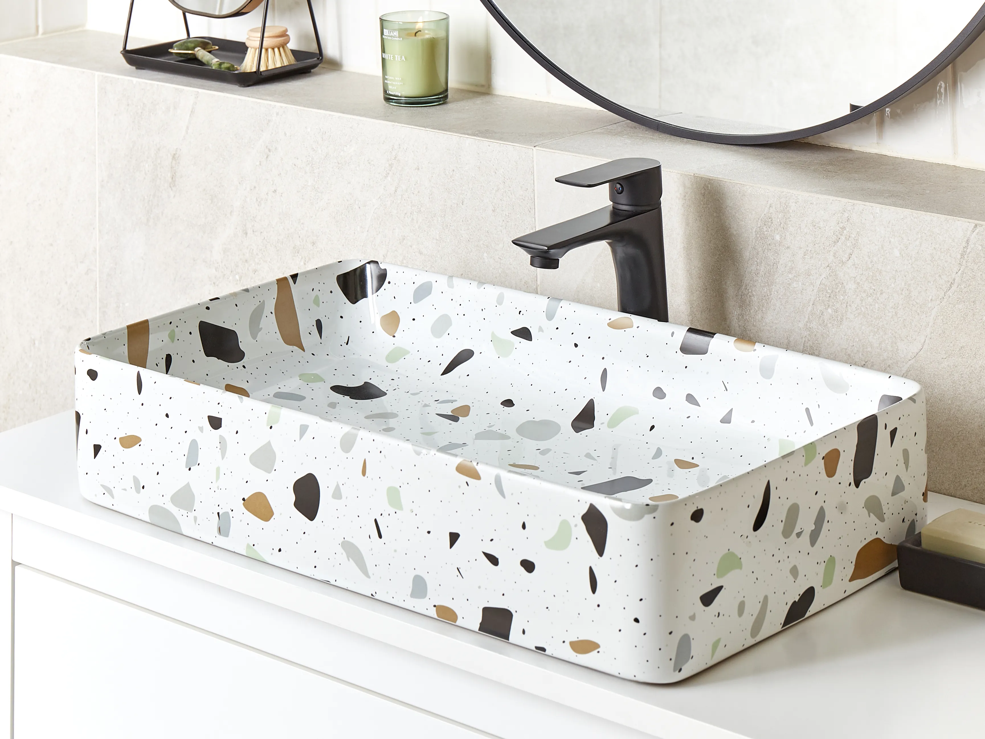 Wastafel voor aanrechtblad NULES 61 x 35 cm Keramiek Wit terrazzo