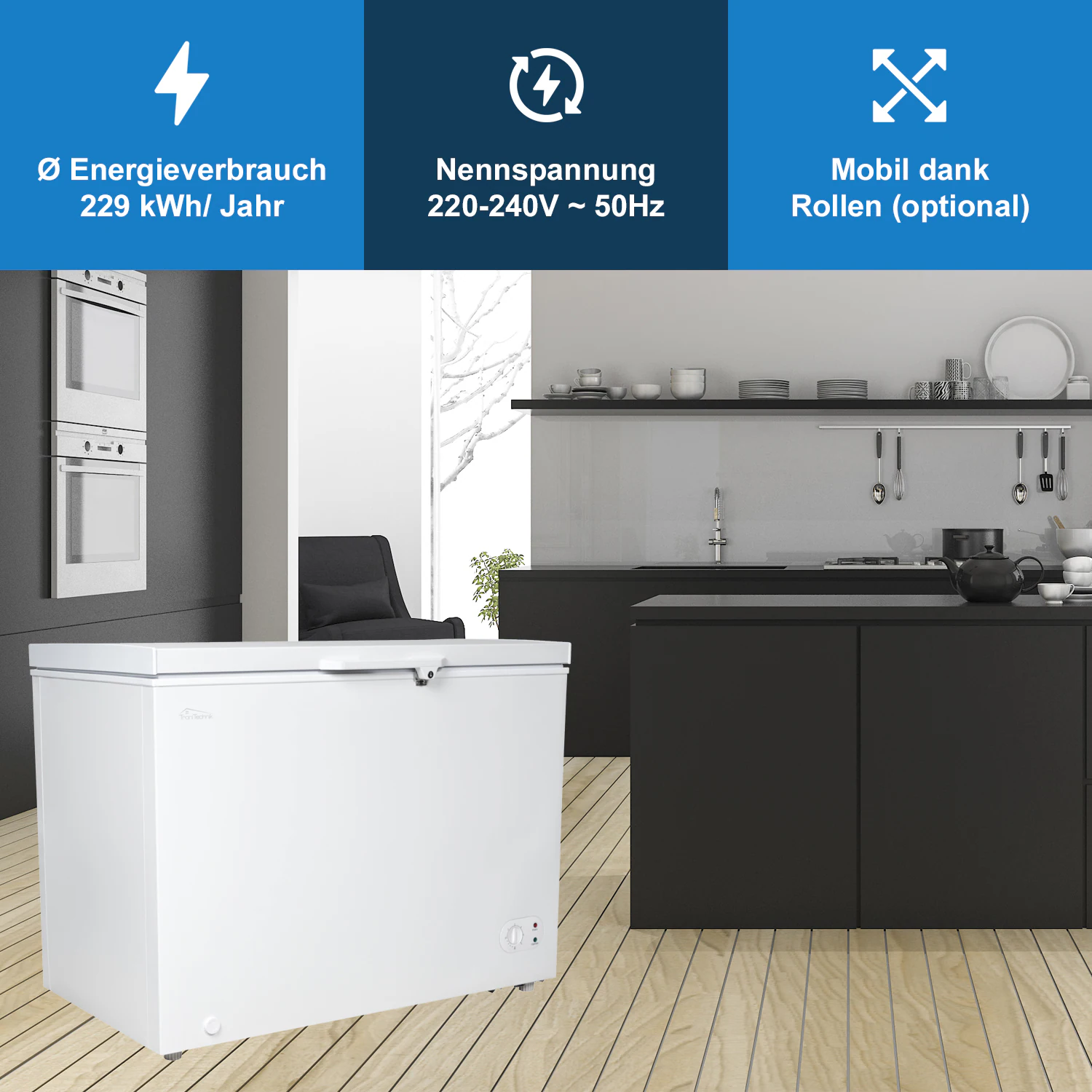 TroniTechnik® Gefriertruhe Kühltruhe BORGAR PRO mit 2in1 Gefrier- und Kühlfunktion | 290 Liter, 229kwh/Jahr | LED-Licht